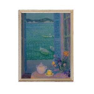Vista de ventana vintage en la pintura del mar / Jarrón antiguo de flores obra de arte de tetera / Cartel de naturaleza muerta / Impresión de arte del siglo XIX / Arte IMPRIMIBLE