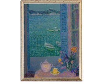 Vintage Window View at Sea Painting | Antique Vase of Flowers Teapot Artwork | Still Life Poster | 19th Century Art Print | PRINTABLE Art