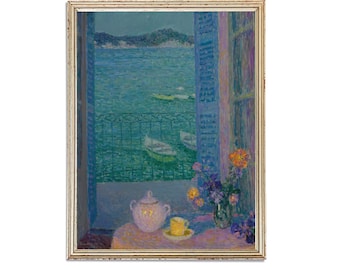 Vista de ventana vintage en la pintura del mar / Jarrón antiguo de flores obra de arte de tetera / Cartel de naturaleza muerta / Impresión de arte del siglo XIX / Arte IMPRIMIBLE