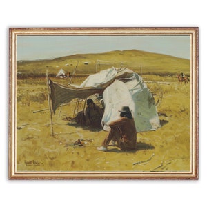 May include: A painting depicting a scene of Native American life. Two figures sit outside a white canvas tent, while another figure rides a horse in the distance. The scene is set against a backdrop of rolling hills and a clear blue sky.