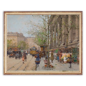 Vintage Blumenmarkt Gemälde | Antikes Architektur Kunstwerk | Klassisches Altstadt Straßenposter | 19. Jahrhundert Kunstdruck | DRUCKBARE KUNST