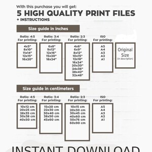 Op de afbeelding: Een tabel met instructies voor het afdrukken van digitale bestanden in verschillende formaten en aspectverhoudingen. De tabel bevat metingen in inches en centimeters. De tabel bevat ook standaard papierformaten zoals A5, A4, A3, A2 en A1. De tekst "INSTANT DOWNLOAD" staat onderaan de tabel.