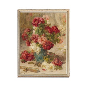 Vintage Flowers Painting | Vintage Oil Vase of Red Roses Painting | Still Life Home Decor Painting | 19th Century Art Print | PRINTABLE art