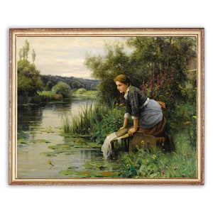Obraz Vintage Woman Making Laundry | Antyczne dzieło sztuki krajobrazu rzeki | Klasyczny plakat portretowy | Wydruk artystyczny z XIX wieku | Sztuka DO DRUKU