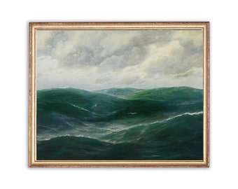 Vintage marinmålning | Vintage oljemålning med åskväder | Nautiskt hav, havslandskapsmålning | Konsttryck från 1800-talet | Utskrivbar konst