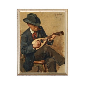 Vintage Musician Playing Instrument Painting | Antique Male Portrait Artwork | Guitar Poster | 19th Century Art Print | PRINTABLE art