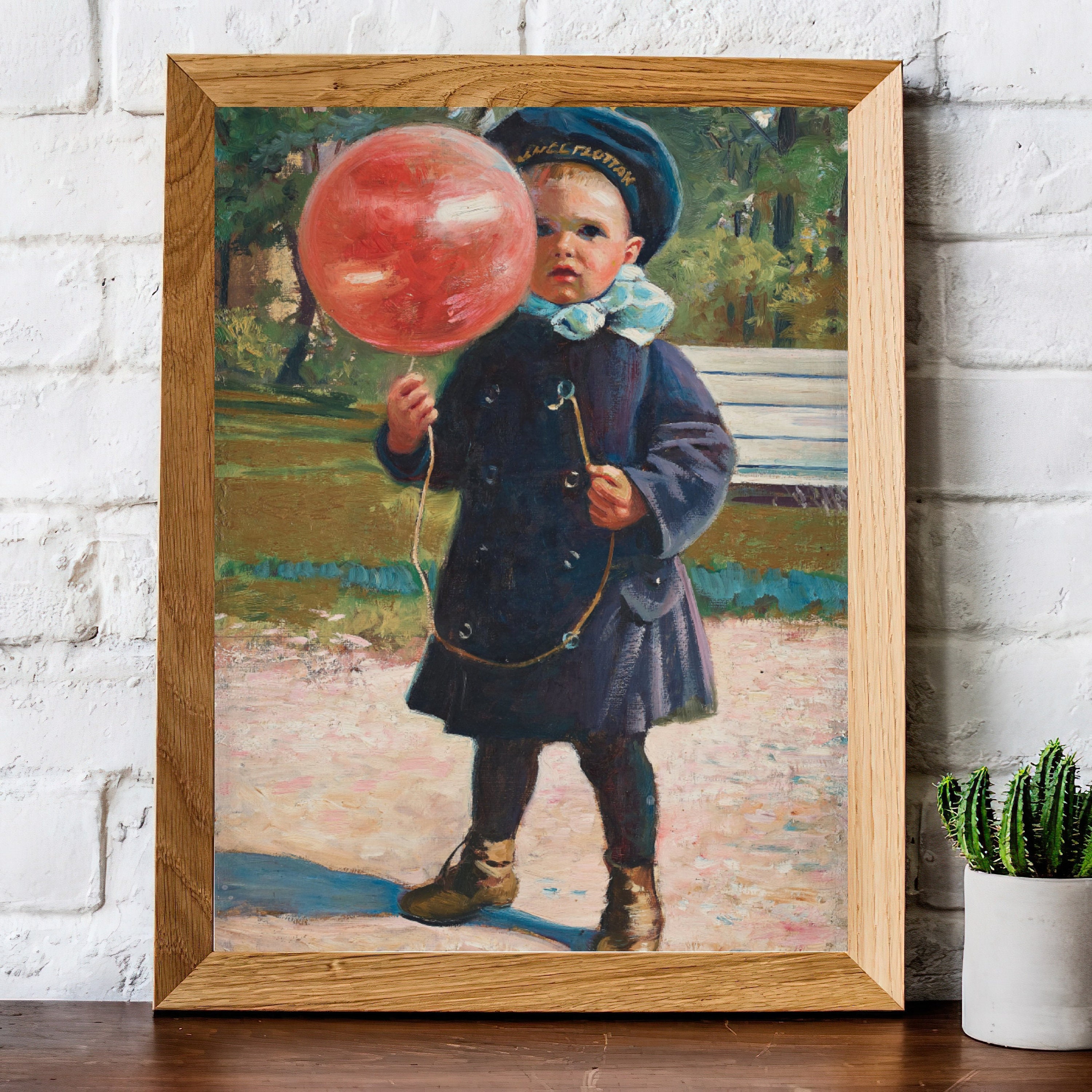 赤い風船を持った少年のヴィンテージ絵画 | アンティークの子供の