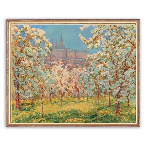 Vintage Orchard Painting | Old Building Architecture Painting | Antique Nature Landscape Painting | 19th Century Art Print | PRINTABLE art