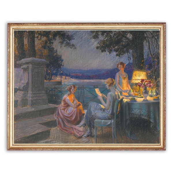 Vintage Women by the Lake Painting | Antique Female Fashion Artwork | Classic Dinner Book Poster | 19th Century Art Print | PRINTABLE art