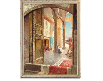 May include: A painting depicting a view from inside a mosque, with a large wooden door in the foreground and a courtyard with people in the background. The courtyard is lined with columns and arches, and there are colorful rugs on the floor.