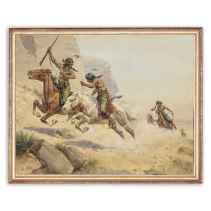 May include: A watercolor painting depicting three Native American men on horseback riding through a desert landscape. The men are wearing traditional clothing and carrying weapons. The horses are running at full speed, kicking up dust.