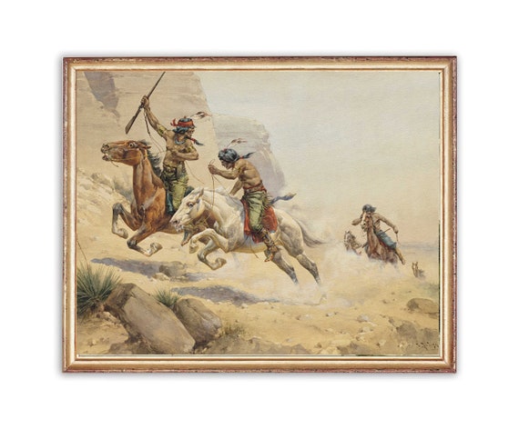 Vintage Western Painting | Oil Native Americans Riding Horses Painting | Countryside Landscape Painting | Cowboys Art Print | PRINTABLE art