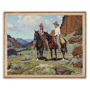 Vintage Western Painting | Vintage Oil Cowboys Riding Horses Painting | Countryside Landscape Painting | Cowboys Art Print | PRINTABLE art