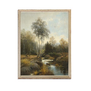 Vintage Deer Animal Painting | Oil Mountain Landscape Painting | River Stream Nature Painting | 19th Century Art Print | PRINTABLE art