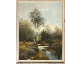 Vintage Deer Animal Painting | Oil Mountain Landscape Painting | River Stream Nature Painting | 19th Century Art Print | PRINTABLE art