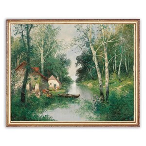 Vintage River Boat Painting | Old Houses Forest Painting | Forest Trees River Landscape Painting | 19th Century Art Print | PRINTABLE art