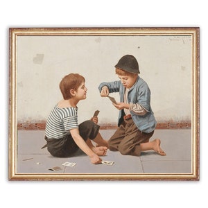 Vintage Kids Playing Cards Painting | Children Portrait Painting | Kids on the Street Painting | 19th Century Art Print | PRINTABLE art