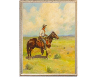 Vintage Western Painting / Vintage Oil Horse Rider Painting / Old West Cowboy on Horse Painting / 19th Century Art Print / PRINTABLE art