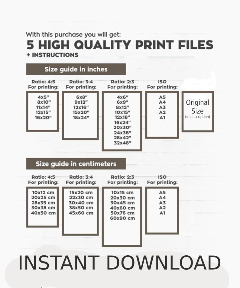 May include: A chart with instructions for printing digital files in different sizes and aspect ratios. The chart includes measurements in inches and centimeters. The chart also includes standard paper sizes like A5, A4, A3, A2, and A1. The text "INSTANT DOWNLOAD" is at the bottom of the chart.