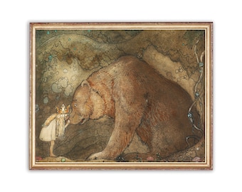 Vintage Bear and Little Girl Painting | Antique Animal Artwork | Fairy Tale Classic Poster | 19th Century Art Print | PRINTABLE art