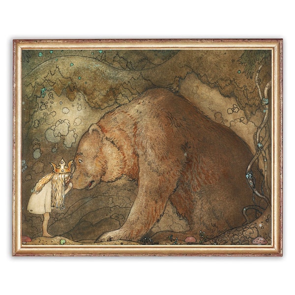 tableau vintage ours et petite fille | Oeuvre d'art animalière antique | Affiche classique de conte de fées | Impression d'art du XIXe siècle | Art imprimable