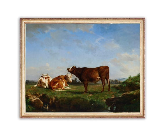 ヴィンテージ牛の草を食む絵画 | アンティーク動物肖像画 | クラシック