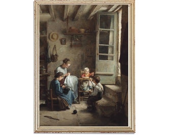 May include: A painting depicting a family scene in a rustic interior. A woman sits sewing while three children play around her. The room is filled with natural light streaming in from a window. The painting is framed in a simple, white frame.