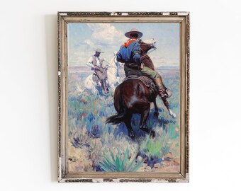 Vintage Cowboys Riding Oil Painting | Malarstwo wiejskie | Jazda konna Vintage Painting | Krajobraz Western American | Sztuka DO DRUKU