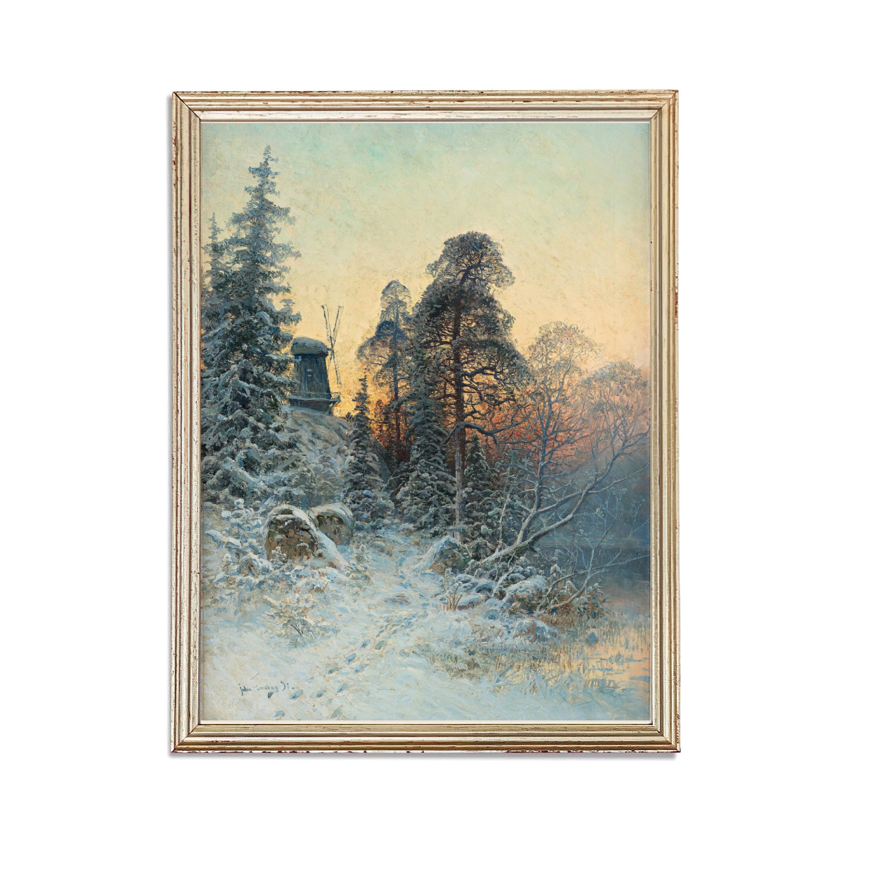 ヴィンテージの雪山の絵画 | アンティークの冬の針葉樹のアートワーク