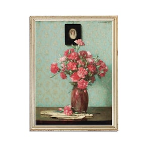 Still Life With Carnation Oil Painting | Vintage Still Life Painting | Pink Flowers Vintage Painting | Farmhouse Decor | PRINTABLE art