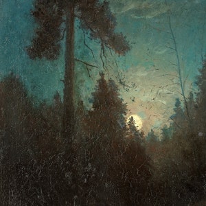 May include: A painting of a moonlit forest scene with a large pine tree in the foreground and a full moon peeking through the branches.