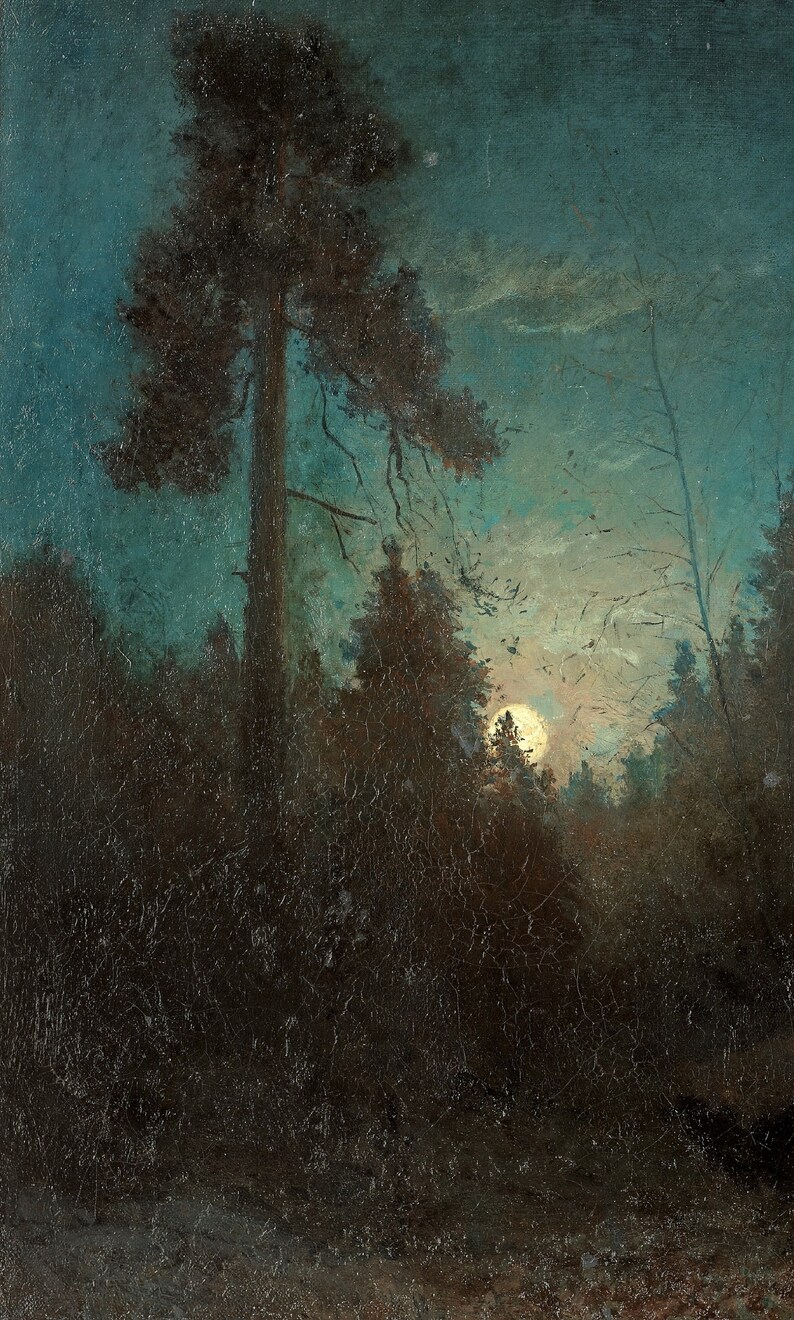 May include: A painting of a moonlit forest scene with a large pine tree in the foreground and a full moon peeking through the branches.