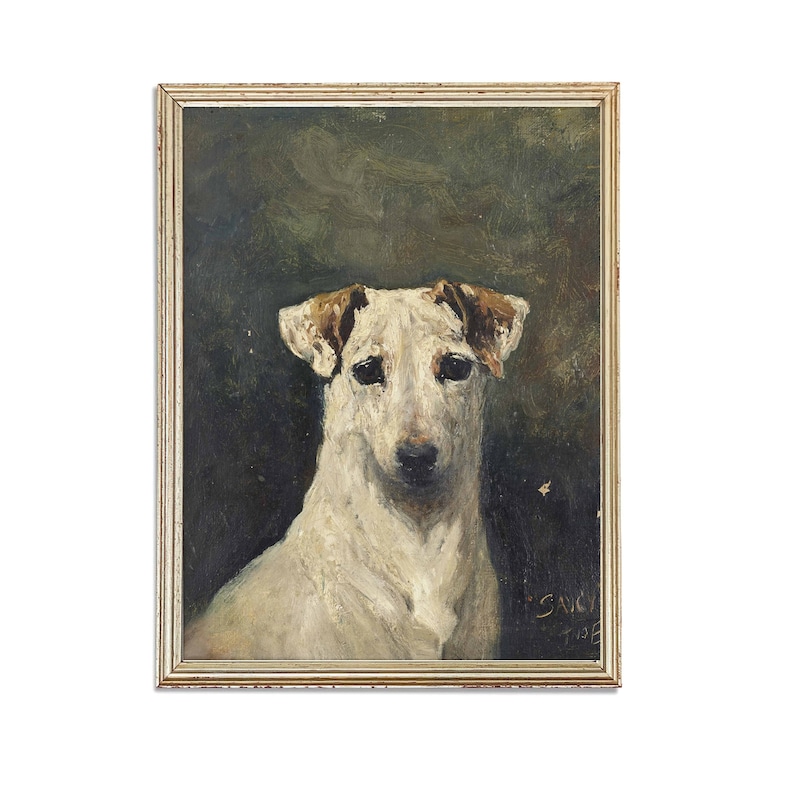 Dipinto con ritratto di cane vintage / Opera d'arte in posa di animali antichi / Poster bianco classico per cani da compagnia / Stampa d'arte del XIX secolo / Arte STAMPABILE immagine 1