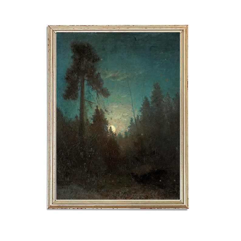 May include: A painting of a moonlit forest scene with a tall pine tree in the foreground and a full moon shining through the trees.