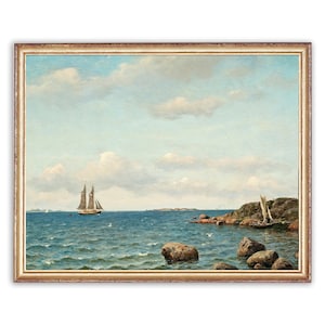 Vintage havslandskapsmålning | Antik marinkonstverk | Klassisk fartygsnautisk affisch | Konsttryck från 1800-talet | Utskrivbar konst bild 1