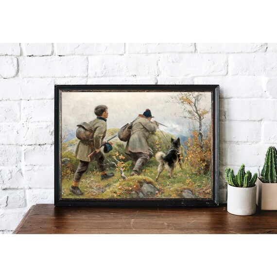 Vintage Dog Hound Painting | Antique Boys Children Hunting Artwork