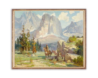 Pintura al óleo de vaquero vintage / Impresión artística de paisaje montañoso del oeste (descarga digital)