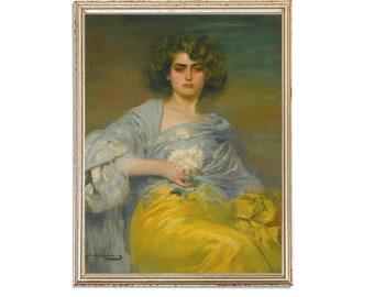 Vintage Blue Yellow Dress Painting | Antique Female Portrait Artwork | Classic Flowers Woman Poster | 19th Century Art Print | PRINTABLE art