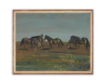 Pittura di paesaggio di pascolo vintage / Pittura ad olio di cavalli al pascolo / Pittura di paesaggio naturale / Stampa d'arte del XIX secolo / Arte STAMPABILE