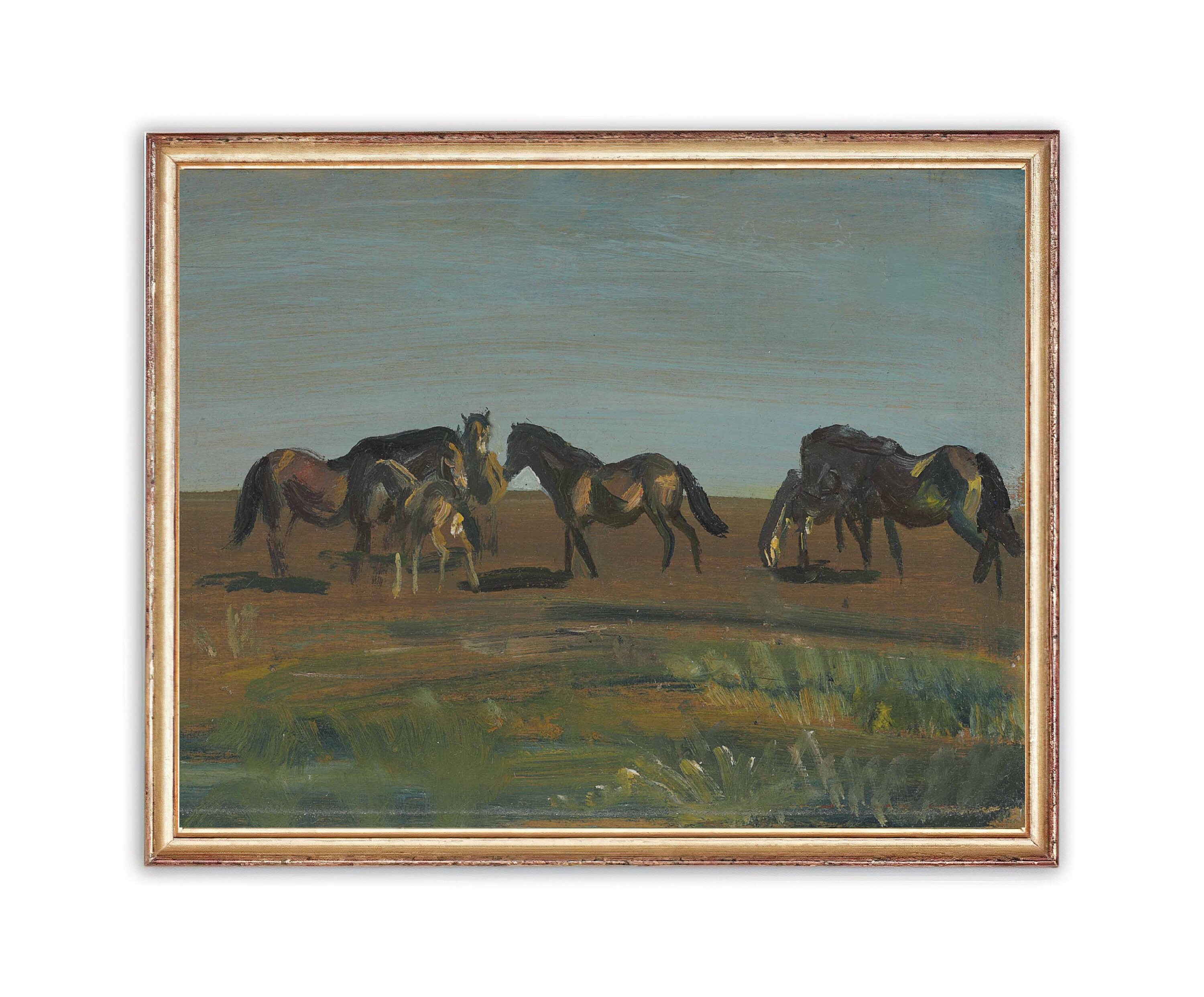 Vintage pasture landscape painting oil horses grazing etsy