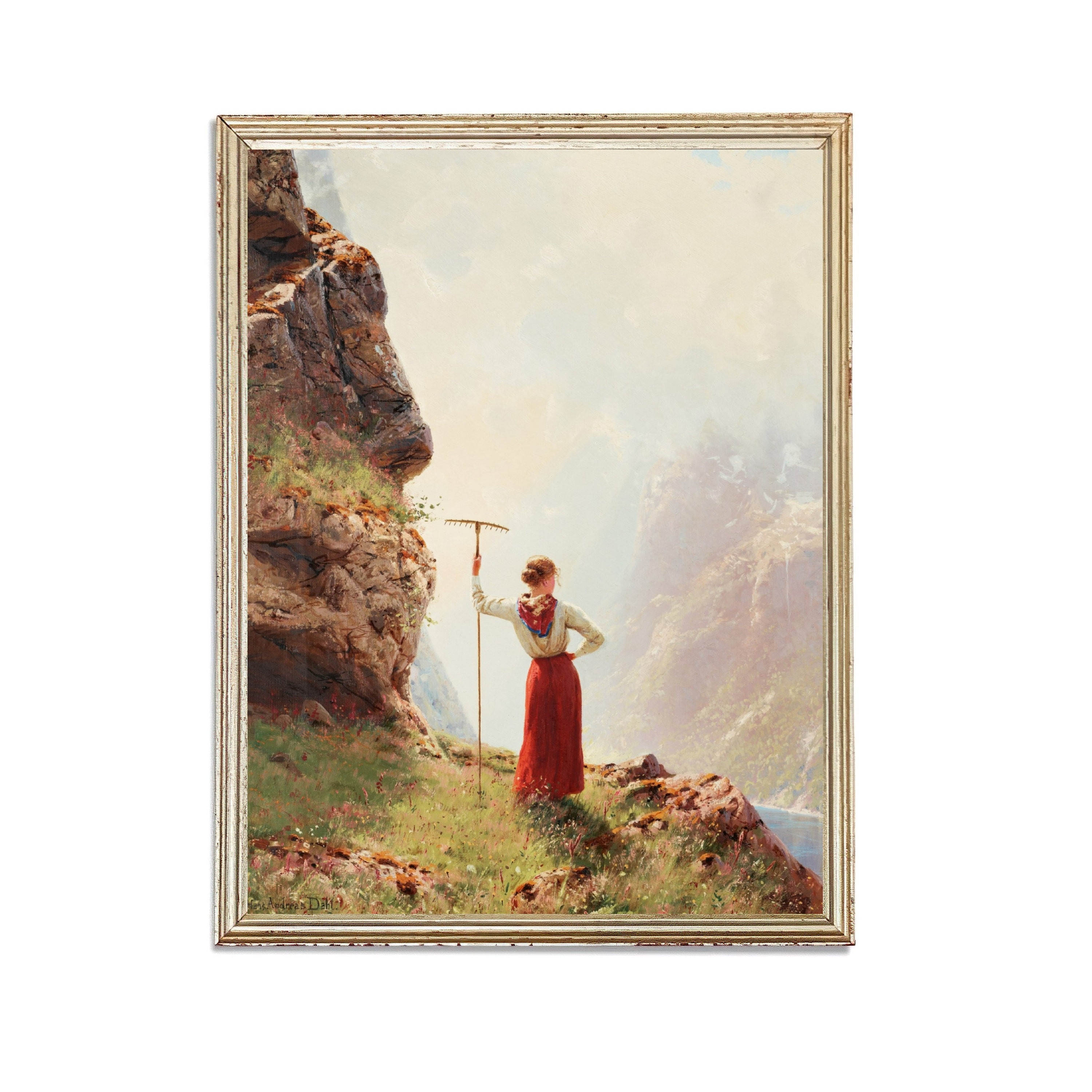 Vintage Landscape Mountain Painting | Antique Woman With Portrait
