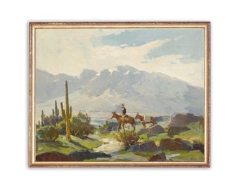 Pintura occidental vintage / Pintura de jinete de caballo al óleo / Pintura de paisaje de cactus vaquero del viejo oeste / Impresión de arte del siglo XIX / Arte IMPRIMIBLE