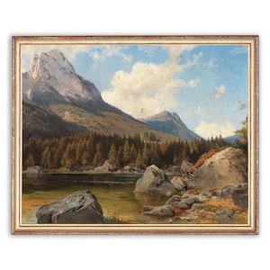 Vintage Forest Lake Painting | Trees and River Painting | Nature Landscape Mountain Painting | 19th Century Art Print | PRINTABLE art