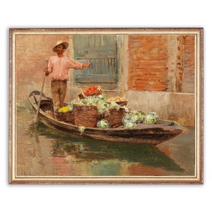 Vintage Man on Boat Painting | Venice Canal Painting | Antique Riverscape Painting | 19th Century Art Print | PRINTABLE art