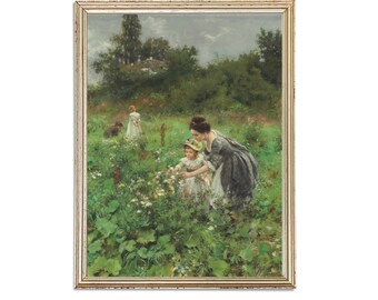 May include: A painting of a woman and a young girl in a field of wildflowers. The woman is wearing a long, gray dress and the girl is wearing a white dress. The woman is looking down at the girl, who is picking flowers.