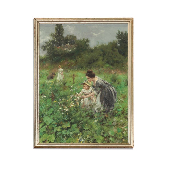 Vintage Farm Portrait | Nature Landscape Artwork | Classic Mother Daughter Picking Flowers Poster | 19th Century Art Print | PRINTABLE art