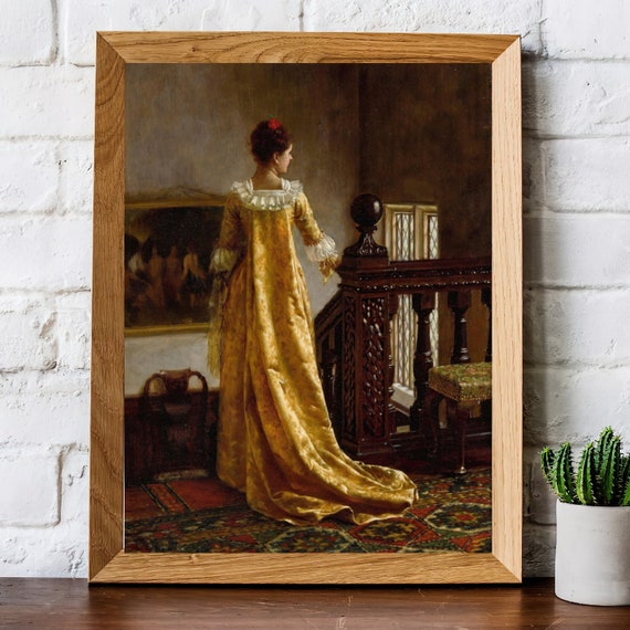 黄色のドレスを着たヴィンテージ女性絵画 | アンティーク女性