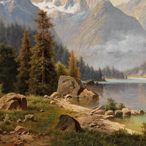 May include: A painting of a mountain lake scene with a small boat in the distance. The lake is surrounded by lush green trees and rocky mountains. The sky is a light blue with some clouds.