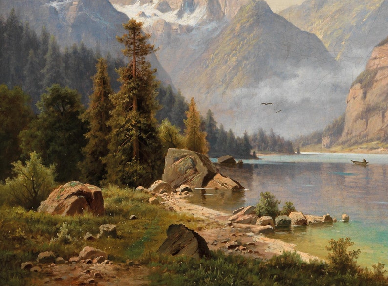 May include: A painting of a mountain lake scene with a small boat in the distance. The lake is surrounded by lush green trees and rocky mountains. The sky is a light blue with some clouds.