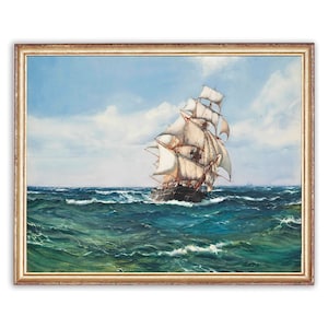 Vintage Clipper en la pintura del mar para los amantes de la vendimia, Clipper Ship Painting Print, Vintage Ship Painting, Digital Prints, Downloadable Print